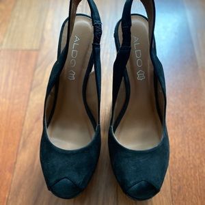 Aldo black peep toe platform wedges